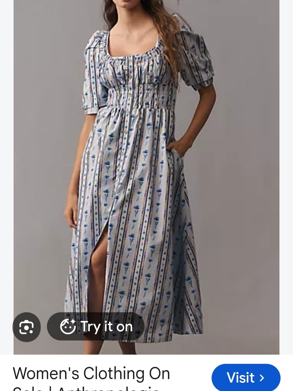 Maeve Blue and White Striped Floral Midi Dress